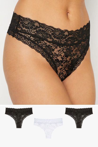 3 Pack Tall Black & White Floral Lace Thongs 10-12 Lts | Tall Women's Multipack Lingerie