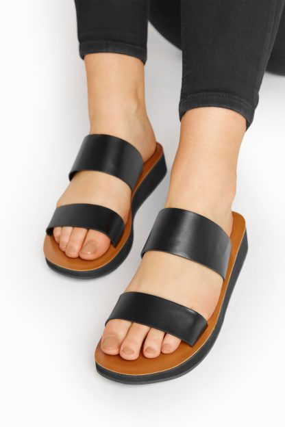 Lts Black Two Strap Flat Sandals In Standard D Fit 10 > D Lts | Tall Women's Flat Sandals
