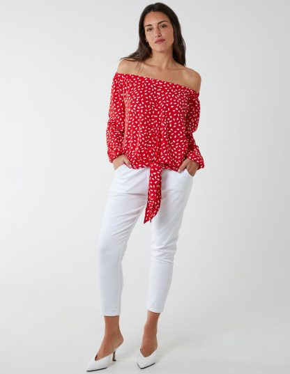 Off Shoulder Balloon Sleeve Knot Top - S / RED