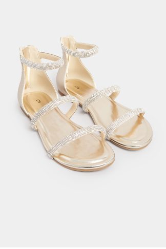 Lts Gold Diamante Strap Flat Sandals In Standard Fit 7 > D Lts | Tall Women's Flats