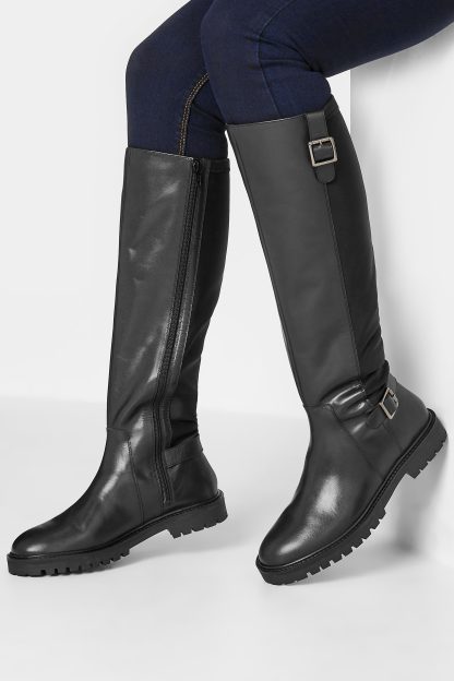 Lts Black Buckle Leather Knee High Boots In Standard Fit Size D > 8 | Tall Women's Leather Boots