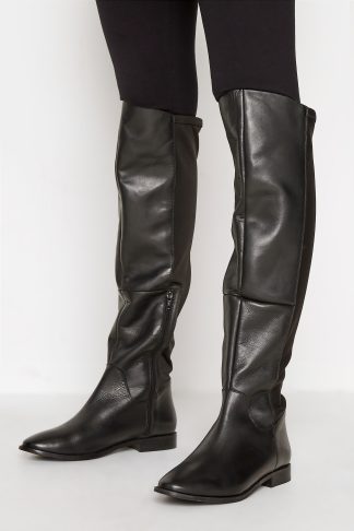 Lts Black Leather Stretch Knee High Boots In Standard Fit Size D | Tall Women's Knee High Boots