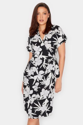 Lts Tall Black Floral Print Shirt Wrap Dress Size 8 | Tall Women's Wrap Dresses