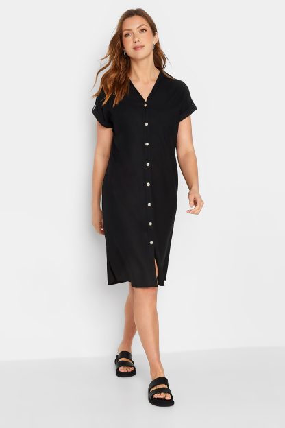 Lts Tall Black Linen Button Through Shirt Dress Size 10 | Tall Women's Casual Dresses