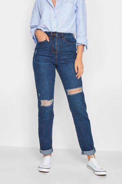 Lts Tall Blue Distressed Una Stretch Mom Jeans Inside Leg Size 36" , Waist Size 18 | Tall Women's Mom & Boyfriend Jeans