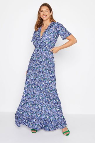 Lts Tall Blue Ditsy Print Ruffle Maxi Dress Size 16 | Tall Women's Maxi Dresses