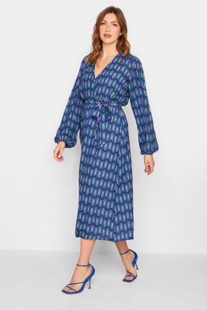 Lts Tall Blue Geometric Print Wrap Dress Size 14 | Tall Women's Wrap Dresses