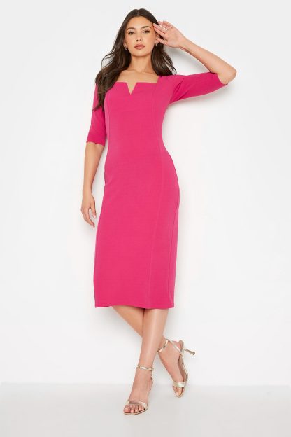 Lts Tall Bright Pink Notch Neck Midi Dress Size 10 | Tall Women's Midi Dresses