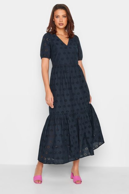 Lts Tall Navy Blue Broderie Anglaise Tiered Dress Size 14 | Tall Women's Maxi Dresses