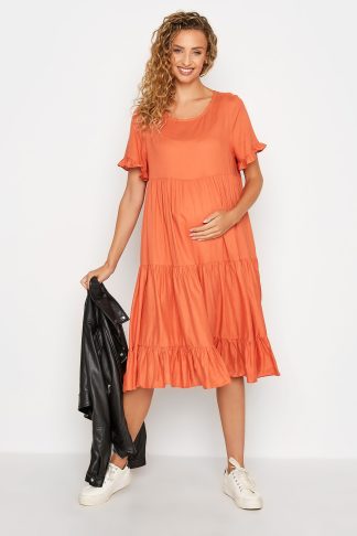 Lts Tall Orange Maternity Tiered Smock Dress Size 20 | Tall Women's Maternity Dresses