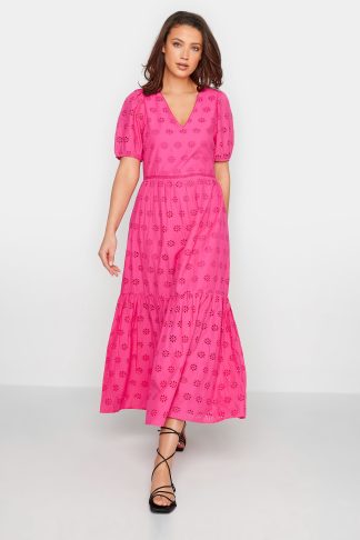 Lts Tall Pink Broderie Anglaise Tiered Dress Size 12 | Tall Women's Maxi Dresses