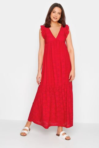 Lts Tall Red Broderie Anglaise Frill Maxi Dress Size 18 | Tall Women's Maxi Dresses