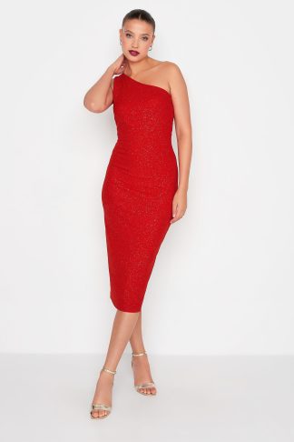 Lts Tall Red Glitter One Shoulder Midi Dress Size 8 | Tall Women's Midi Dresses
