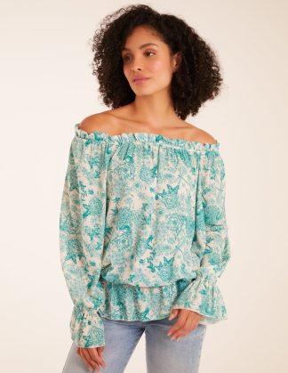 Butterfly Floral Print Gypsy Chiffon Blouse - S/M / Mint