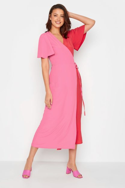Lts Tall Pink & Red Two Tone Wrap Dress Size 10 | Tall Women's Midi Dresses