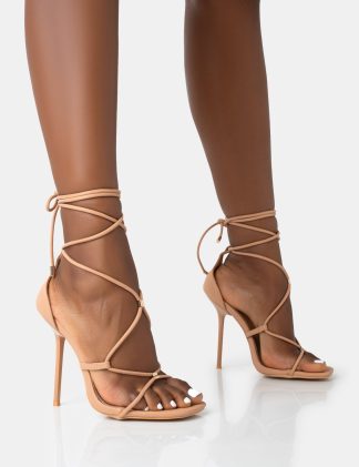 Leilani Natural Nude Pu Strappy Lace Up Square Toe Stiletto Heels