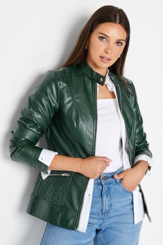 Lts Tall Forest Green Leather Funnel Neck Jacket 12 Lts | Tall Women's Faux Leather Jackets