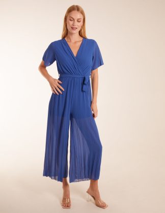 Pleated Wrap Over Jumpsuit - S / BLUE