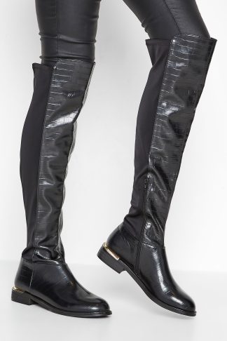 Lts Black Knee High 50/50 Faux Leather Croc Boots In Standard Fit 7 > D Lts | Tall Women's Knee High Boots