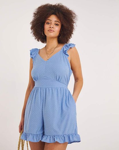 Blue Dobby Playsuit With Pockets
