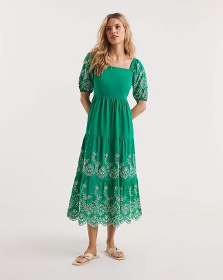 Broderie Tiered Dress With Puff Sleeves