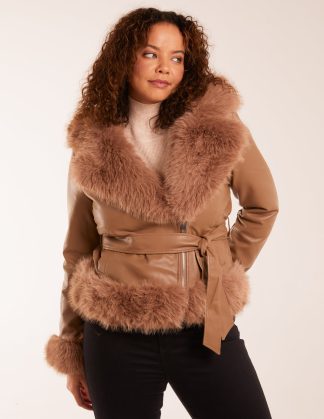Faux Fur Cropped Leather Look Jacket - 10 / LIGHT BROWN