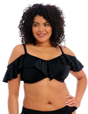 Elomi Womens Plain Sailing Wired Ruffle Bikini Top - 36E - Black, Black