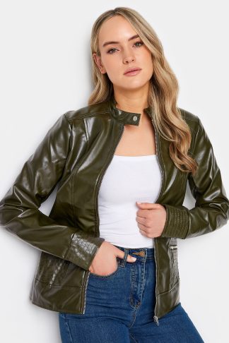 Lts Tall Khaki Green Faux Leather Funnel Neck Jacket 16 Lts | Tall Women's Faux Leather Jackets