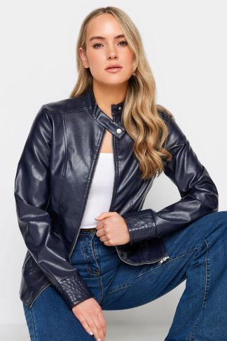 Lts Tall Navy Blue Faux Leather Funnel Neck Jacket 10 Lts | Tall Women's Faux Leather Jackets