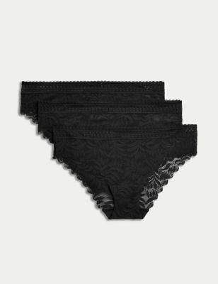 M&S Womens 3pk Flexifit™ Lace Brazilian Knickers - 22 - Black, Black,Winter Turq,White