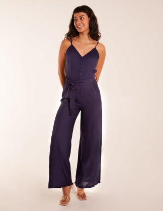 Button Front Strappy Jumpsuit - 8 / NAVY