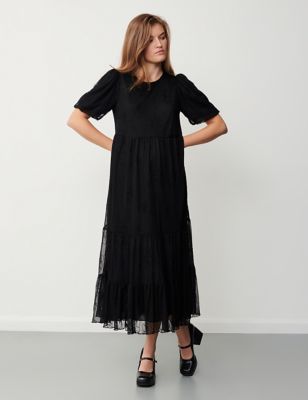 Finery London Womens Lace Round Neck Midi Tiered Skater Dress - 8 - Black, Black