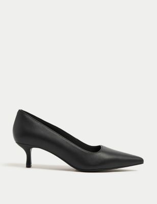 M&S Womens Wide Fit Leather Kitten Heel Court Shoes - 4 - Black, Black,Antique Gold
