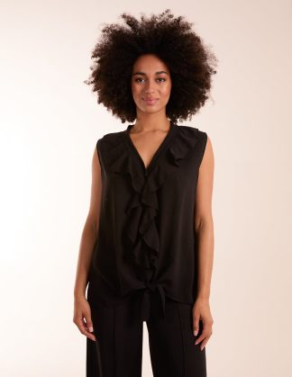 V Neck Ruffle Top with Knot - S/M / BLACK