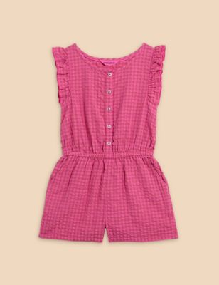 White Stuff Girls Pure Cotton Gingham Playsuit (3-10 Years) - 5-6 Y - Pink Mix, Pink Mix