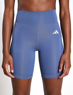 Adidas Womens Optime 7-Inch High Waisted Gym Shorts - Air Force Blue, Air Force Blue,Yellow
