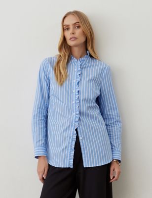 Finery London Womens Pure Cotton Striped High Neck Ruffle Shirt - 12 - Blue Mix, Blue Mix