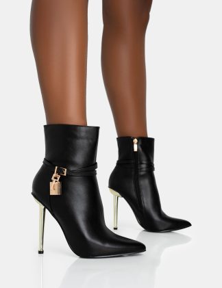 Jalan Black Pu Padlock Pointed Toe Gold Stiletto Heel Ankle Boots