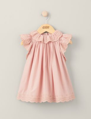 Mamas & Papas Girls Pure Cotton Broderie Dress (0-3 Yrs) - 3-6 M - Pink, Pink