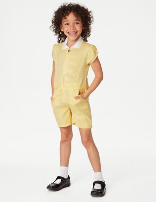 M&S Girls Gingham School Playsuit (2-14 Yrs) - 2-3 Y - Yellow, Yellow,Navy,Light Blue,Lilac,Red,Green,Mid Blue