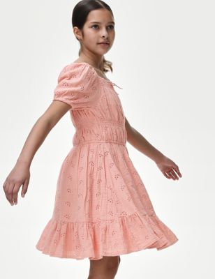 M&S Girls Pure Cotton Broderie Dress (6-16 Yrs) - 6-7 Y - Coral, Coral