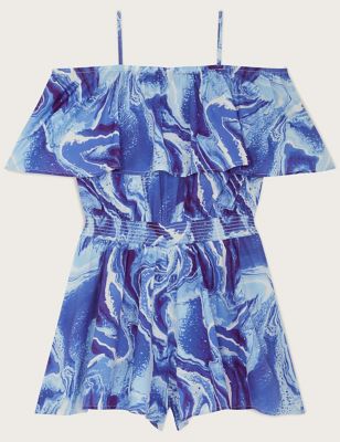 Monsoon Girls Marble Print Frill Playsuit (7-15 Yrs) - 15Y - Blue Mix, Blue Mix