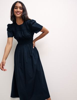 Nobody'S Child Womens Organic Cotton Shirred Midi Smock Dress - 10 - Black, Black