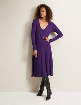 Phase Eight Womens Ribbed Knitted V-Neck Midi Skater Dress - 10 - Purple, Purple