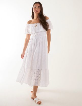 Bardot Beaded Broderie Dress - S / WHITE