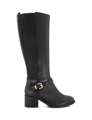 Dune London Womens Leather Buckle Block Heel Knee High Boots - 5 - Black, Black