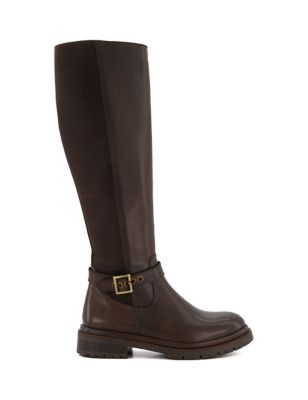 Dune London Womens Leather Buckle Flat Knee High Boots - 4 - Brown, Brown,Black