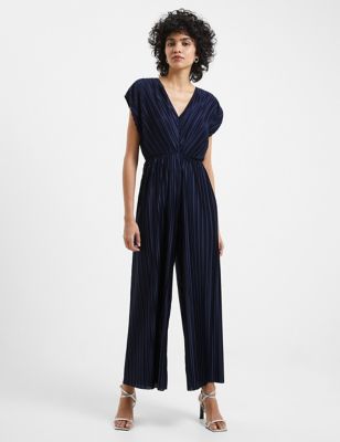 French Connection Womens Pleated Short Sleeve Waisted Jumpsuit - XS - Navy/Blue, Navy/Blue