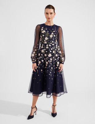 Hobbs Womens Embroidered Floral Puff Sleeve Midi Skater Dress - 14 - Navy Mix, Navy Mix