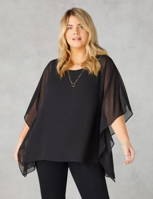 Live Unlimited London Womens Round Neck Relaxed Hanky Hem Overlay Top - 18 - Black, Black,Blue,Ivory